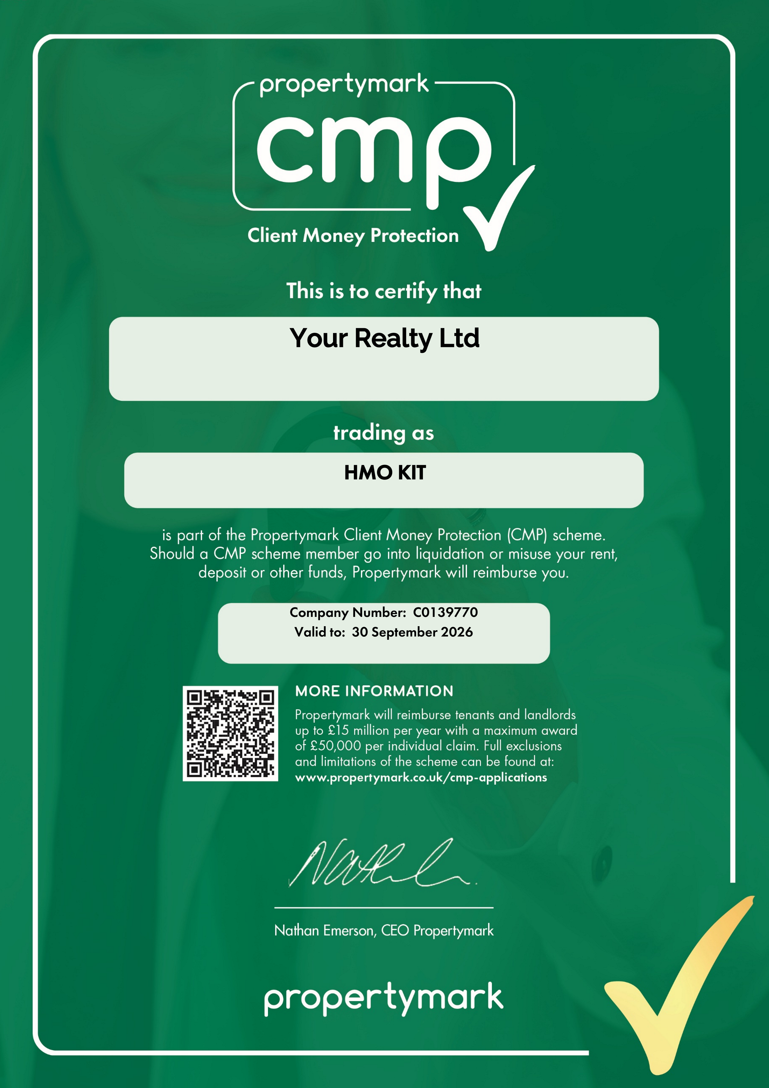 Propertymark Client Money Protection Certificate for Your Realty Ltd